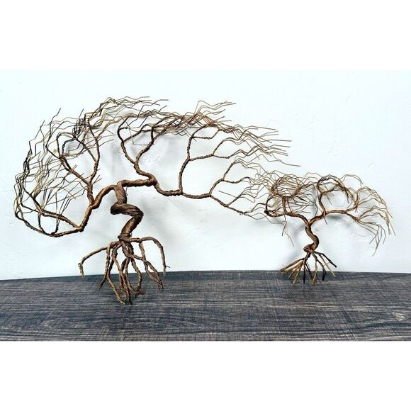 Vtg Copper Metal Wire Twisted Tree Wall Deco Sculpture Set Of 2 11”x8” & 5”x5” - Picture 1 of 13